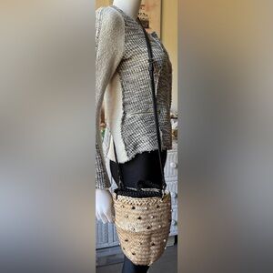 Straw Bucket bag 2 Way CrossBody - Handbag with Rhinestones accents & Drawstring